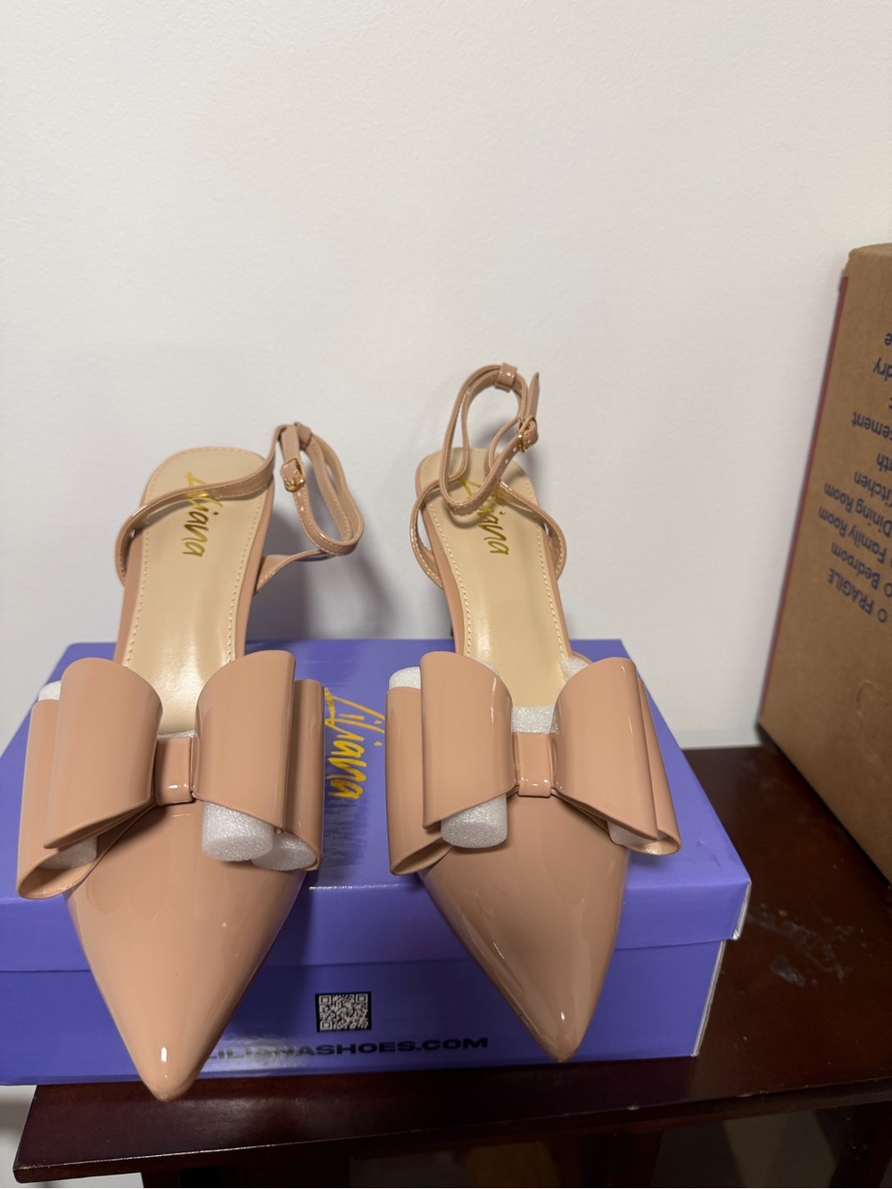 Liliana Nude Patent Pointed-Toe Bow Slingback Heels